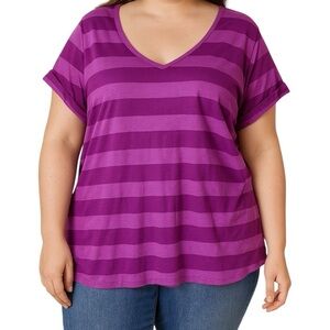NWT Lane Bryant 26/28 Purple Stripe Vneck Tshirt Cuffed Sleeve Casual Cotton